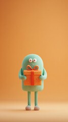 Miniature teal monster gripping vibrant orange gift, quirky surprise celebration, World Kindness Day, flamboyant polymer sculpture whimsy