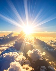 Aerial view of a radiant sun bursting through fluffy clouds