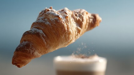 A golden croissant levitates gracefully above frothy cappuccino, embodying Bastille Day brunch magic and hygge breakfast serenity