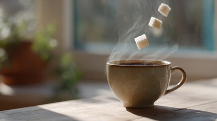 Steaming cup serenades levitating sugar cubes, invoking Hygge warmth, cozy mornings, and the whimsy of National Coffee Day