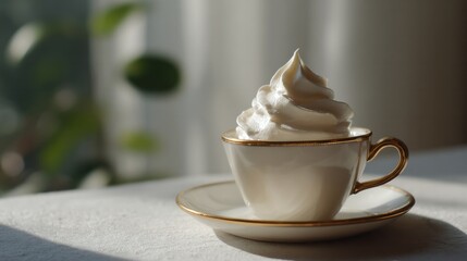 Whimsical dollop of cream crowns a teacup under sunbeams, invoking National Cream Tea Day and whimsical dessert dreams