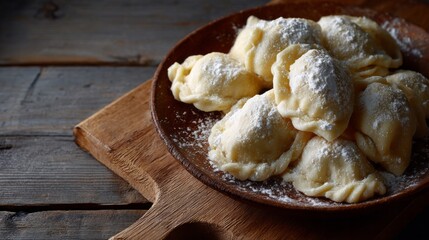 Handmade pierogi dusted with snowy sugar, rustic Polish kitchen vibes, evoking Christmas warmth and Slavic culinary nostalgia
