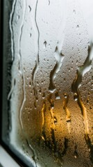 Misty droplets cascade on window pane, evoking autumnal nostalgia, Hygge whispers, and Samhain's mystical twilight embrace