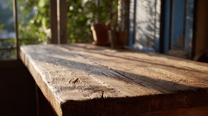 Warm sunbeams skid across rustic wooden table, evoking Hygge coziness and September Equinox reflections in tranquil morning light
