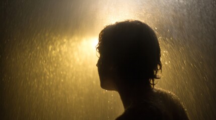 Silhouetted European woman in golden rain shower, evoking contemplative ambiance, celebrating Midsummer's Eve and soulful introspection