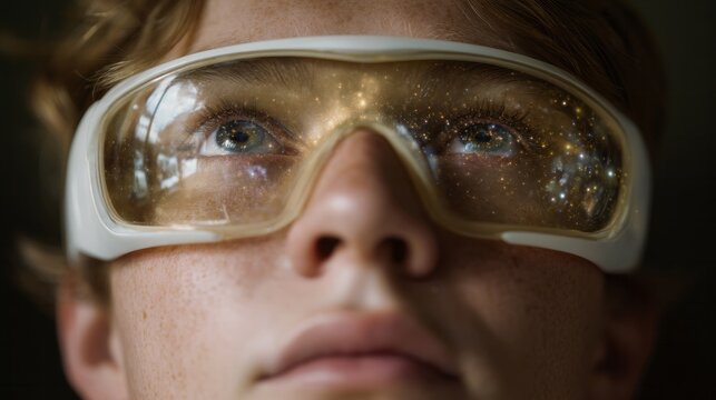 A young boy with curious eyes peers through star-speckled goggles, embodying Cosmic Daydream and International Science Festival wonder