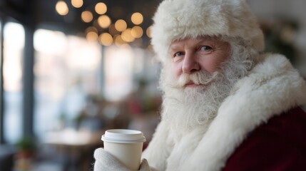 Santa's cozy coffee break, Nordic folklore essence, Yule warmth, festive whispers, jolly Caucasian male, winter's spiced delight