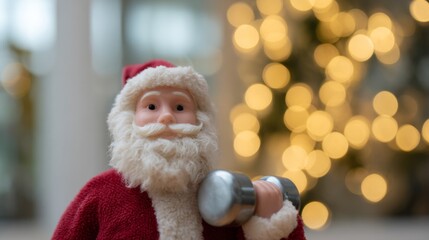 Santa Claus flexes with festive dumbbell, blending yuletide cheer with workout enthusiasm, invoking Swole Santa Day and Nordic festivities