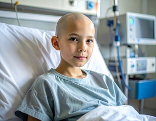 A young child with a shaved head sits in a hospital bed