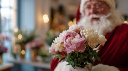 Jolly Santa offering peonies enhances a whimsical Christmas Yuletide, blending floral solstice magic and joyous cultural folklore aesthetics