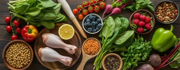 Healthy eating inspiration with fresh vegetables, juicy berries, and lean protein for a balanced lifestyle