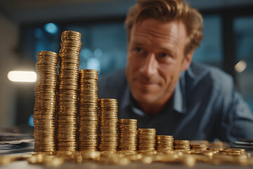 Businessman Stacking Coins to Show Growth and Investment Success in Financial Planning
