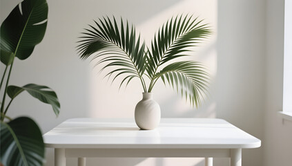 Palm leaves in a vase on a white table create a minimalist serene atmosphere