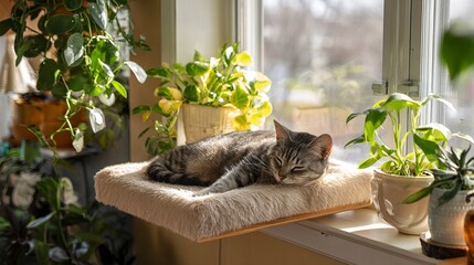 Peaceful tabby cat naps contently on fluffy bed surrounded by vibrant houseplants basking in warm sunlight