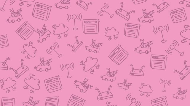 Doodle technology pink background with scattered tech related doodles for digital presentations, tech blogs, social media graphics, and web design