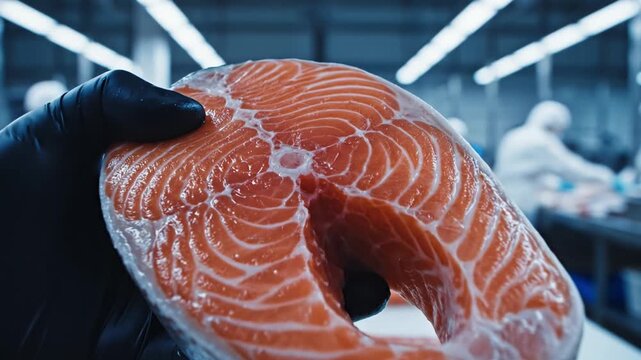 A close-up showcases a slice of salmon, held by a gloved hand, in a food processing setting