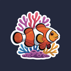 A cartoon clownfish swimming near colorful coral reefs on a dark blue background illustration art