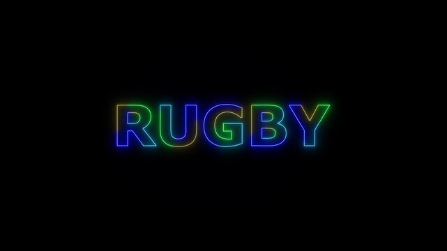 RUGBY colored text. Laser vintage effect. Infinite loadable, 4 ti neon color , neon sign glowing against a black background wk video.