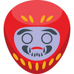 Japanese Daruma Doll Face Red with Yellow Accents and Intricate Facial Features on Transparent Background