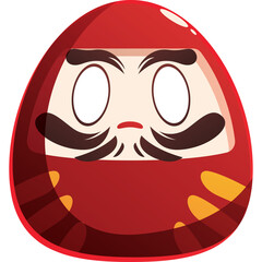 Japanese Daruma Doll Figure With Red Body And Cartoon Face Featuring Dark Eyebrows And Mustache On A Transparent Background