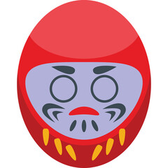 Japanese Daruma doll icon with red body and painted face on transparent background
