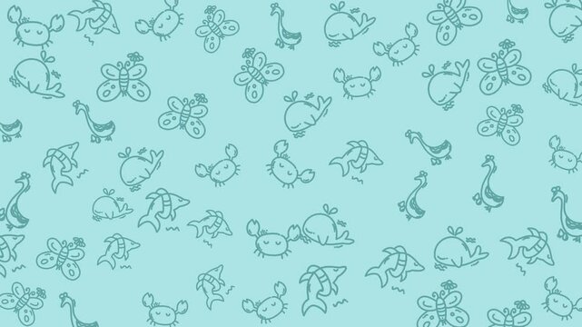 Doodle animal pattern Blue background animation with dolphins, whales, crabs and butterflies. Perfect for pet promotions, veterinary clinics. Cute and versatile. seamless loop animated