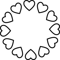 Circular frame made of heart shapes arranged symmetrically on a white background, Hearts drawn in a circle for romantic designs, wedding invitations, love decorations, happy valentines day