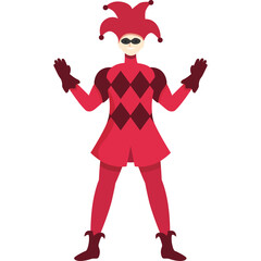 Jester Character Wearing Red Diamond Patterned Jumpsuit and Jester Hat With Glasses and Mittens Standing With Arms Outstretched In Festive Costume