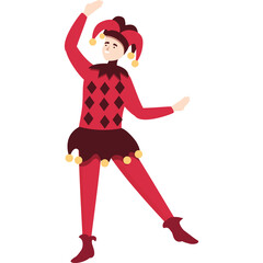 Jester Dancing With Red And Black Diamond Pattern Costume And Red Hat With Bells In Simple Flat Illustration Style Isolated On White