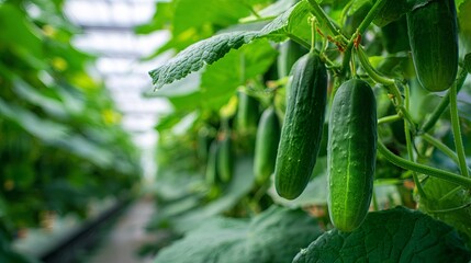Fresh green cucumbers ripen on vines in a vibrant, sunlit greenhouse environment