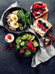Breakfast superfoods, vegetarian food concept. Healthy lifestyle.