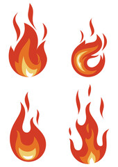Set of four stylized orange and yellow flame icons, isolated on white background. Vector illustration showing different fire shapes for heat, energy, and danger concepts