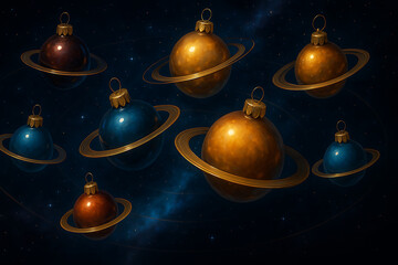 Christmas ornaments designed as miniature planets with golden rings floating in deep cosmic space, festive galaxy inspired decoration concept blending astronomy art imagination and holiday celebration