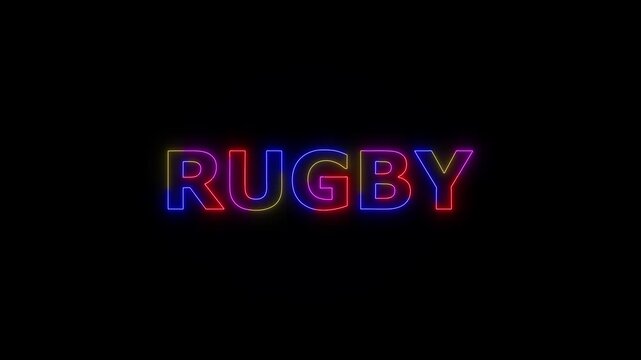RUGBY colored text. Laser vintage effect. Infinite loadable, 4 ti neon color , neon sign glowing against a black background wk video.