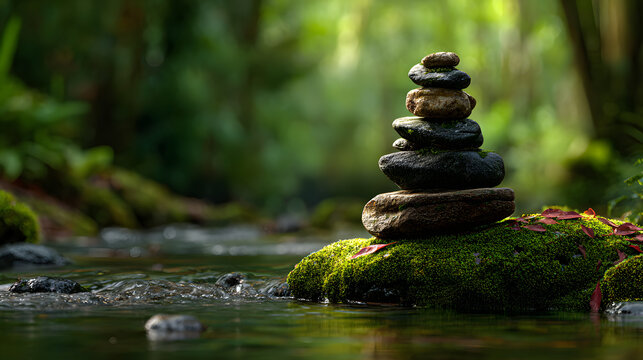 Balanced zen stones stacked on moss-covered rock in stream with flowing water and green forest bokeh background, creating peaceful meditation atmosphere.
