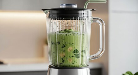 Blender Juicer with Green Smoothie in Modern Kitchen