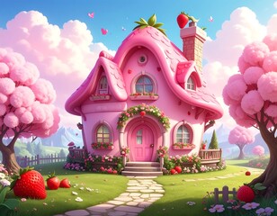 Whimsical pink house, shaped like a strawberry, nestled in a serene garden