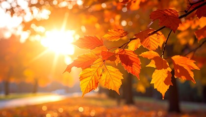 Golden leaves glisten in the sunlight, forming a warm and inviting autumn scene with a blurred park background