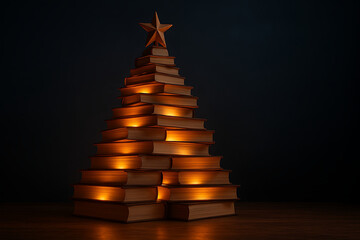 Stacked books arranged as christmas tree with glowing warm lights and wooden star on top, creative holiday decoration symbolizing knowledge learning education and festive celebration, cozy dark backgr
