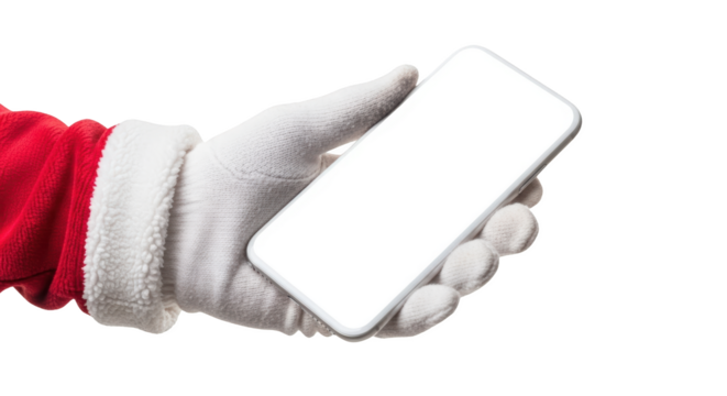 Santa's gloved hand holds a white screen smartphone isolate Christmas mobile phone technology holding isolated gadget device communication holiday winter