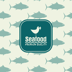 Vector banner with a seagull and a fish in its beak against a seamless background, along with tuna. Seafood. Logo, menu, and label for a restaurant or cafe. Fish market sign. Canned goods. No ai