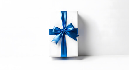 White gift box with blue ribbon corporate reward appreciation concept