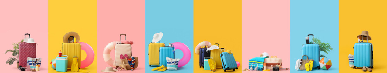 Set of many suitcases and travel accessories on color background. Tourism concept