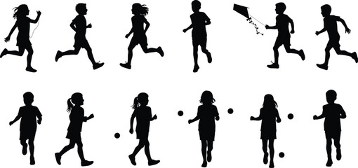 Children silhouettes, kids playing, running, walking, flying kite, sports activity, childhood motion, outdoor fun, playful moments, active lifestyle, minimal illustration