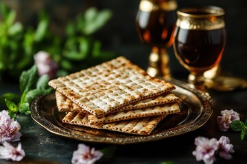Celebration of Pesah during Jewish Passover holiday with matzah, wine, and spring flowers arranged beautifully on a decorative plate