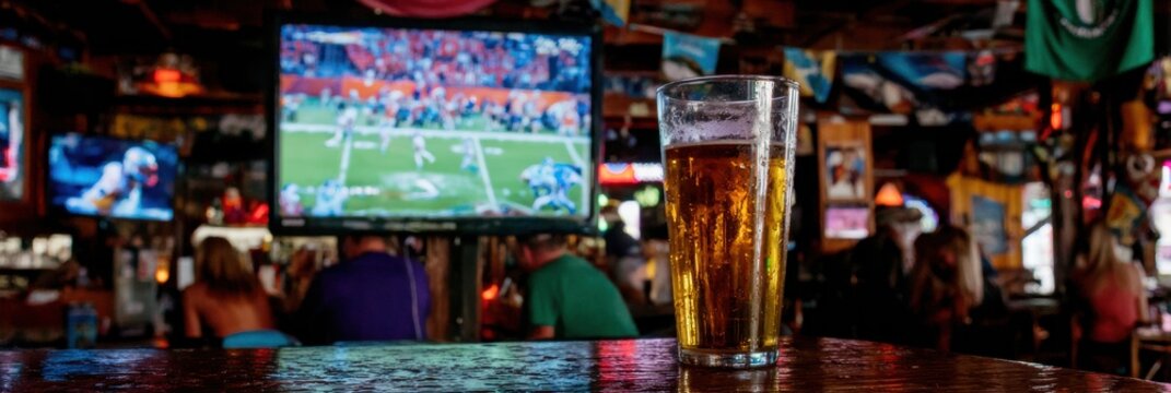 Authentic Pub Interior with Beer and Sports TV Ideal Marketing Content for Modern Sports Bar and Community Gatherings