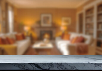 Empty marble top table with blurred living room interior Background. for product display.