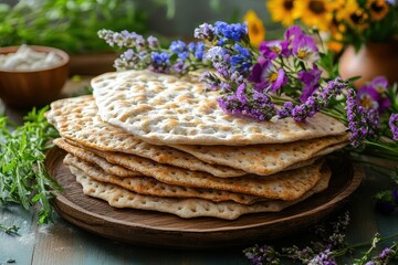 Jewish flatbread matza arranged beautifully with fresh flowers for Passover celebration on a rustic wooden table