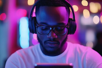 Man uses headphones while browsing online in a vibrant, illuminated setting during the evening hours