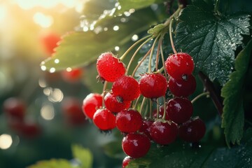 Bright redcurrants glisten on a branch surrounded by green leaves in a sunlit garden during the late afternoon hours of summer
